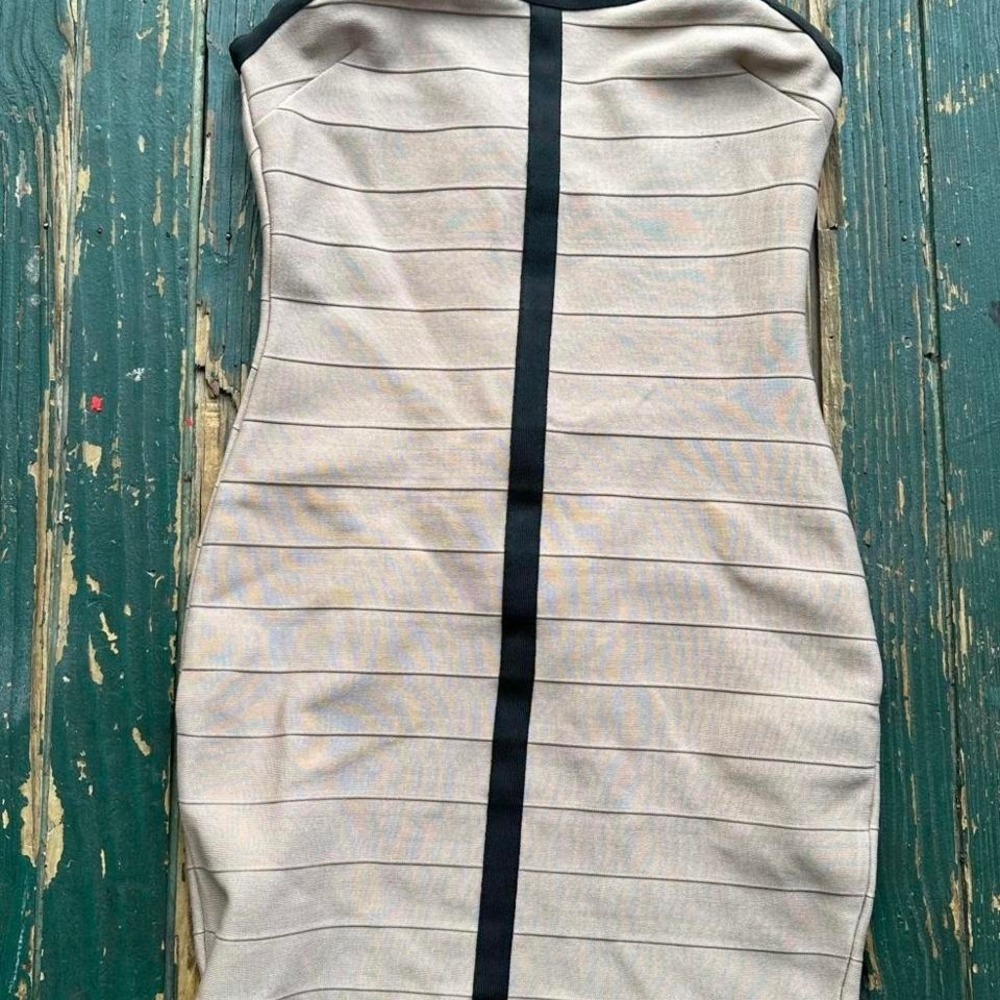 charolette rouse Beige bodycon dress with black stripe